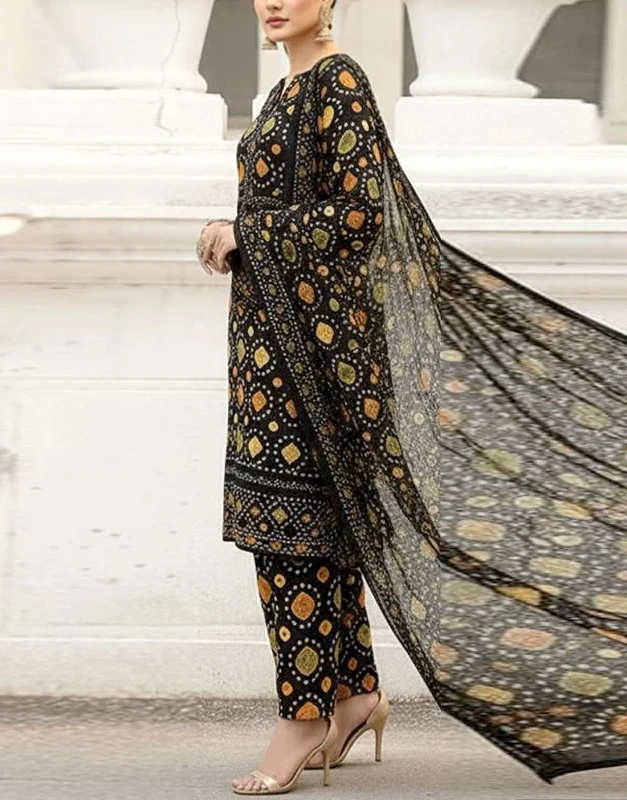 Black Digital Chunri Lawn Unstitched 3-Piece Suit – Embroidered Chiffon Dupatta