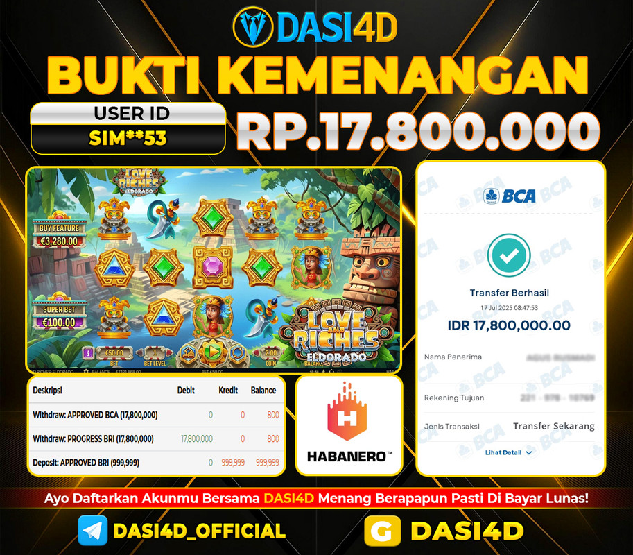 BUKTI KEMENANGAN 17 JULI 2025 DI LOVE RICHES ELDORADO  RP 17.800.000