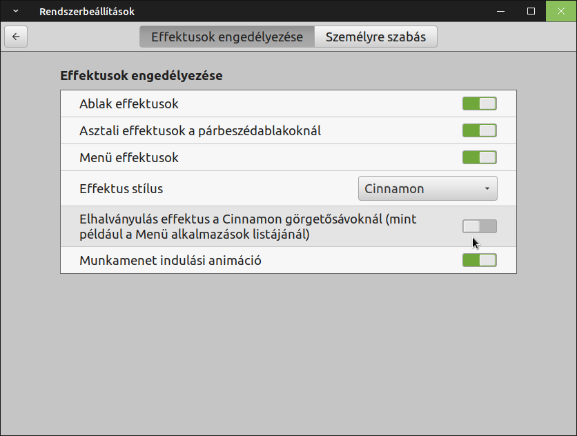 Kapcsold ki az Elhalványulás effektus a Cinnamon görgetősávoknál (mint például a Menü alkalmazások listájánál) beállítást.