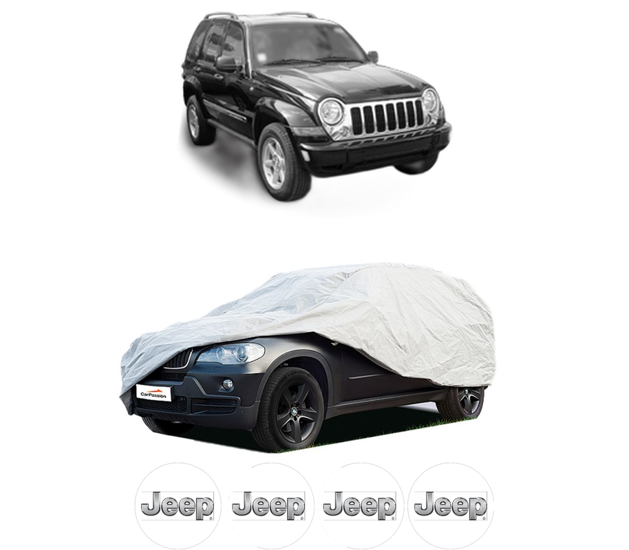 Husa tip prelata auto pentru JEEP CHEROKEE (KJ) din 2001-2008, Culoare Gri, material textil impermeabil, rezistanta la intemperii praf UV, CARPASSION Husa Protectie, 4 Stickere auto cu JEEP