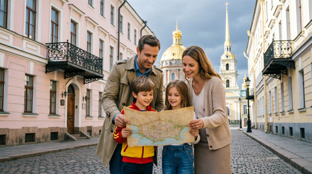 Родители и дети изучают бумажную карту во время семейного квеста по городу