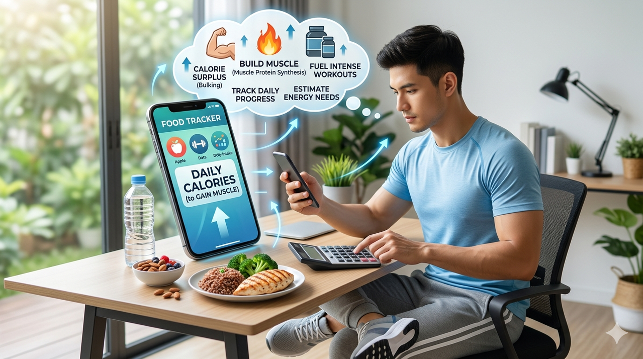 Person using calculator and tracking calories on phone, demonstrating how many calories muscle gain requires and daily calories bulking calculation