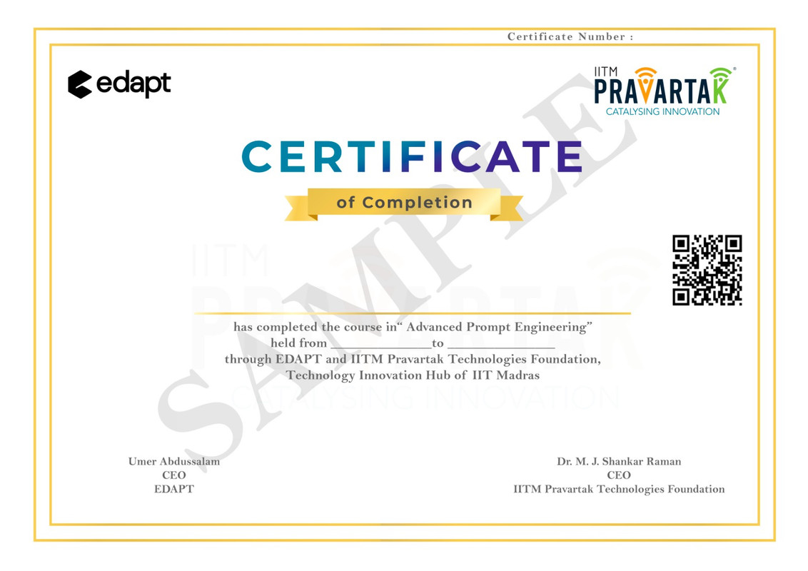 Edapt x IIT Madras Pravartak Official Certificate sample