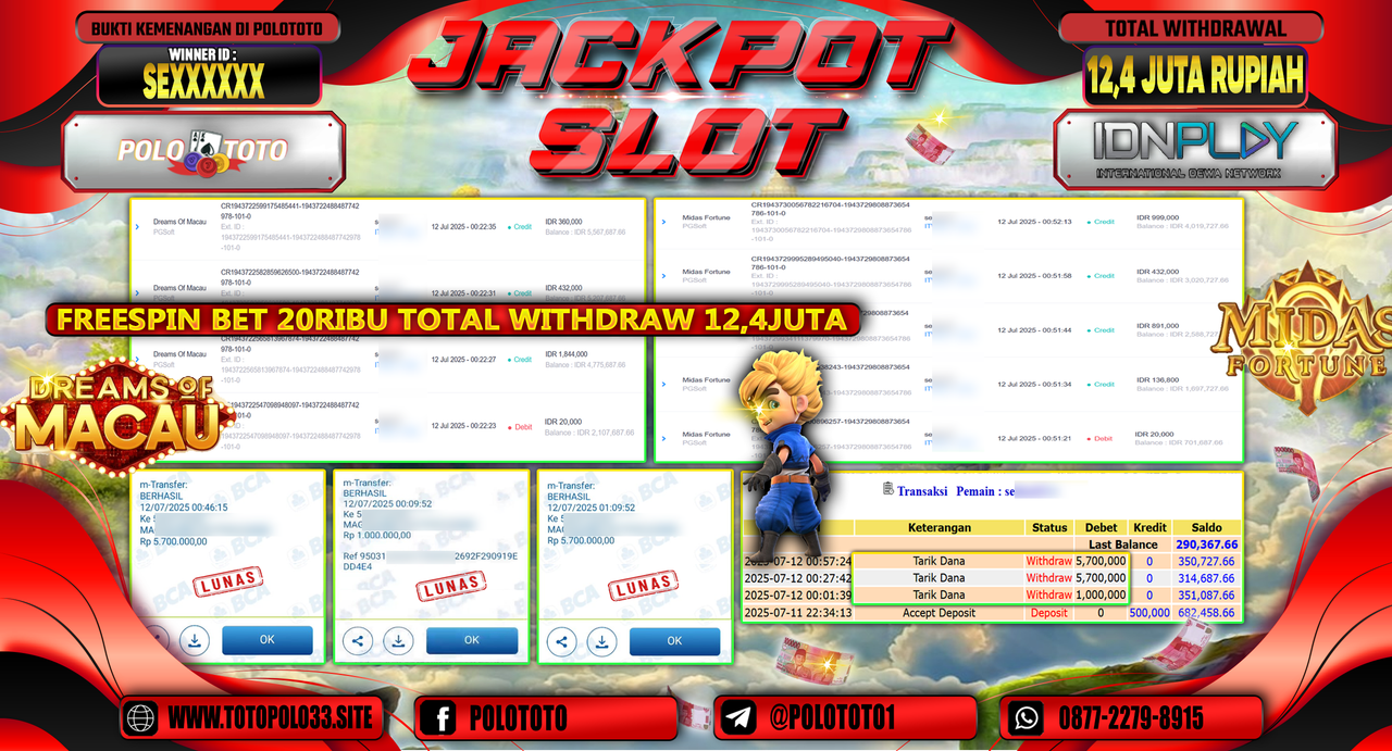 POLOTOTO JACKPOT SLOT DREAMS OF MACAU Rp.12.400.000,-