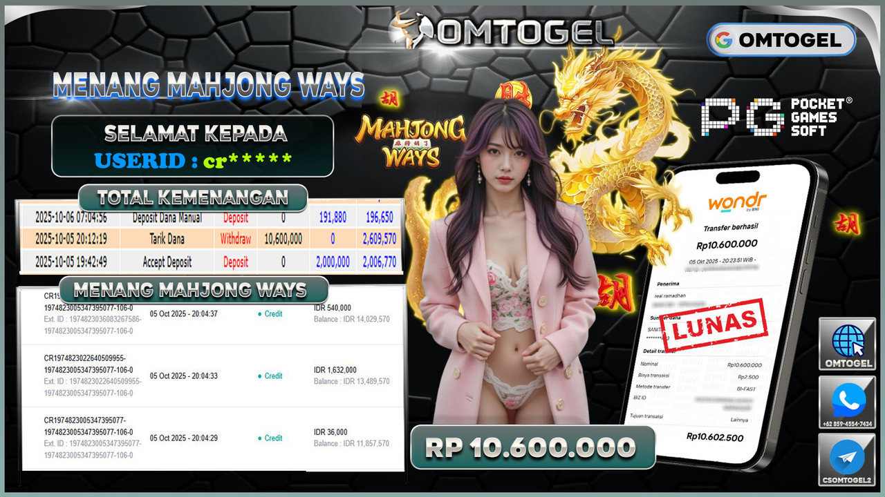 OMTOGEL JACKPOT PGSOFT MAHJONG WAYS 10 JUTA DI BAYAR LUNAS ,-