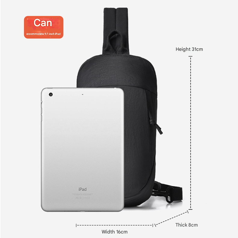 Black Minimalist Anti-Theft Sling Bag for Men & Women - Water-Resistant Crossbody Chest Pack, Fits 9.7-inch Tablet