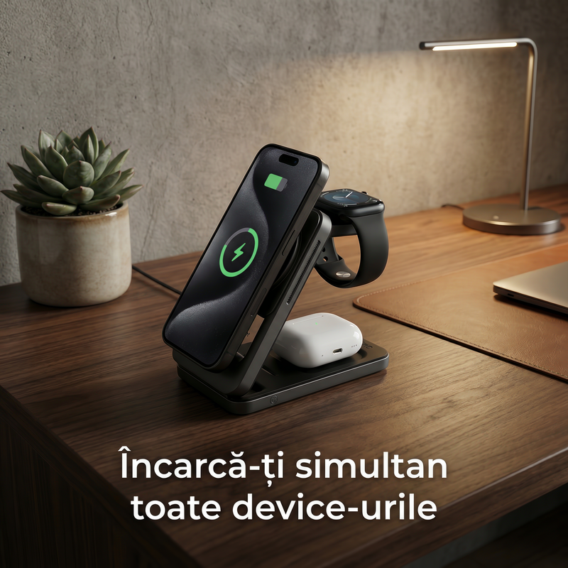Incarcator Wireless Statie Incarcare 3 In 1 Qi2 Fast Charger 25W, Compatibil Magsafe, Daden®, Incarcare Rapida, Stand desktop pentru telefon, ceas si casti, Panou din sticla, Gri titan