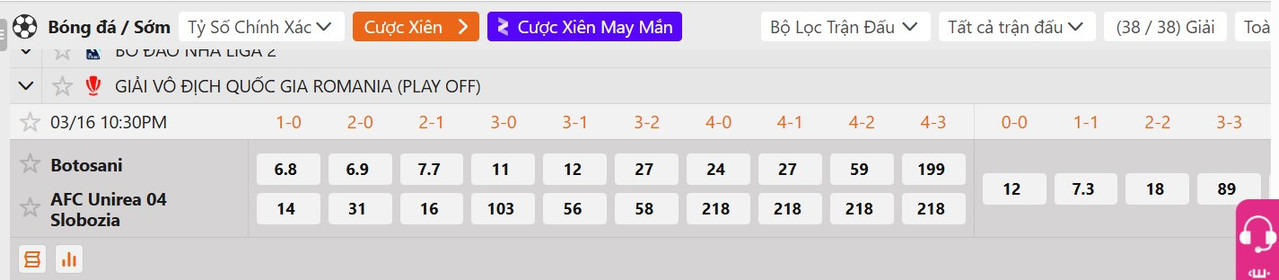 Tỷ lệ tỷ số chính xác Botosani vs Unirea Slobozia