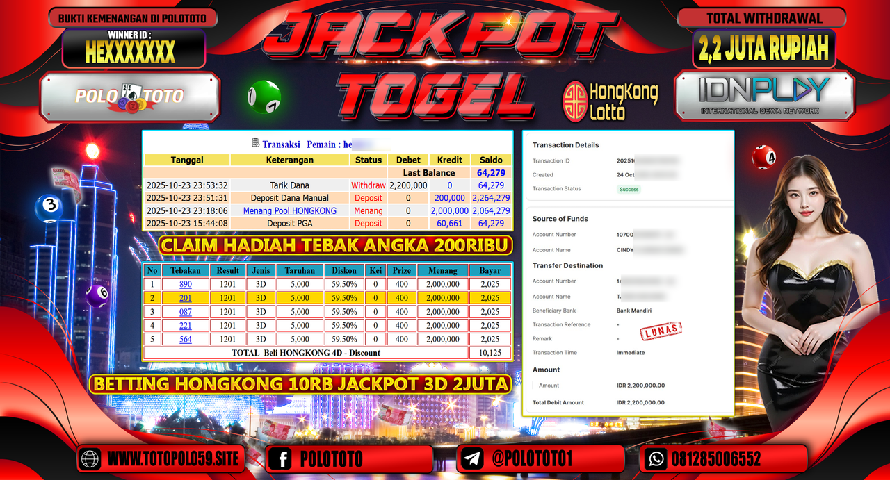 POLOTOTO JACKPOT TOGEL MENANG HONGKONG LOTTO Rp.2.200.000,- LUNAS