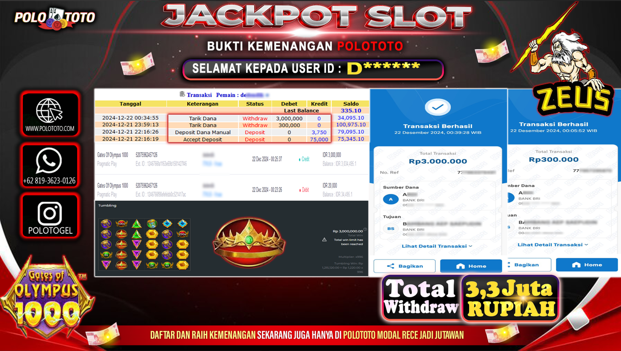 POLOTOTO JACKPOT SLOT GATES OF OLYMPUS 1000 Rp.3,300.000,-