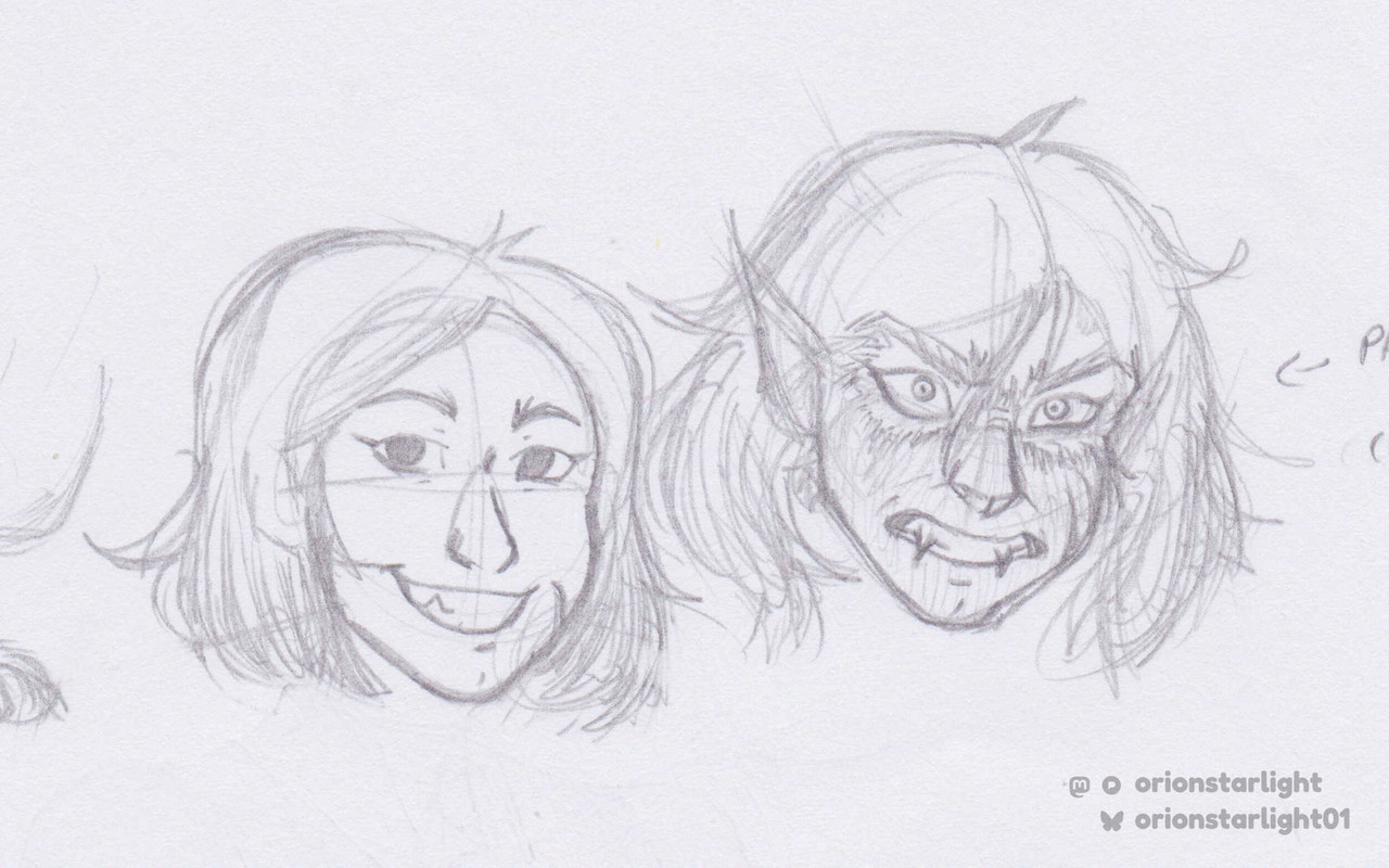My drawing of 2 Enid Sinclairs. One is her human self grinning at the viewer while the other one is in mid werewolf transformation.
