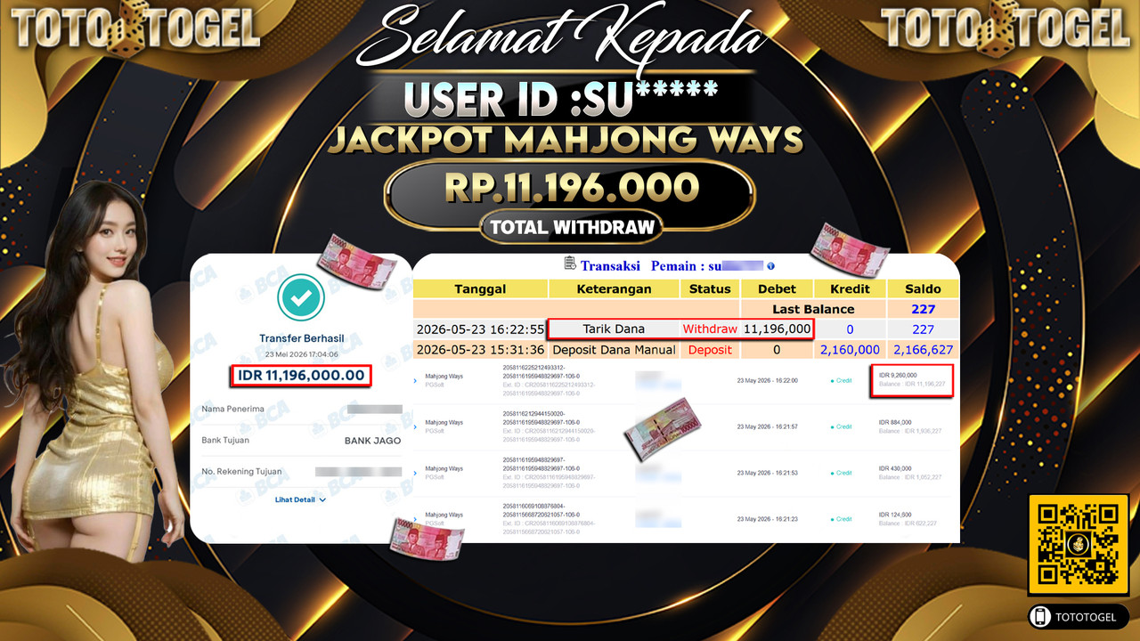 Bukti Pembayaran Jackpot Permainan Slot Mahjong Ways ID:SU***** LUNAS