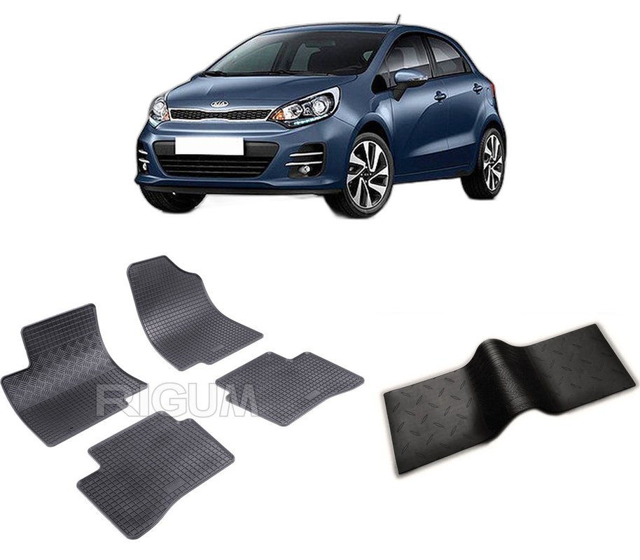 Set covorase auto KIA RIO III din 08.2011-01.2017, cu covoras tunel median, CAROSERIE HATCHBACK, Presuri cauciuc 100%, compatibil cu autoturismul KIA RIO III, Rigum
