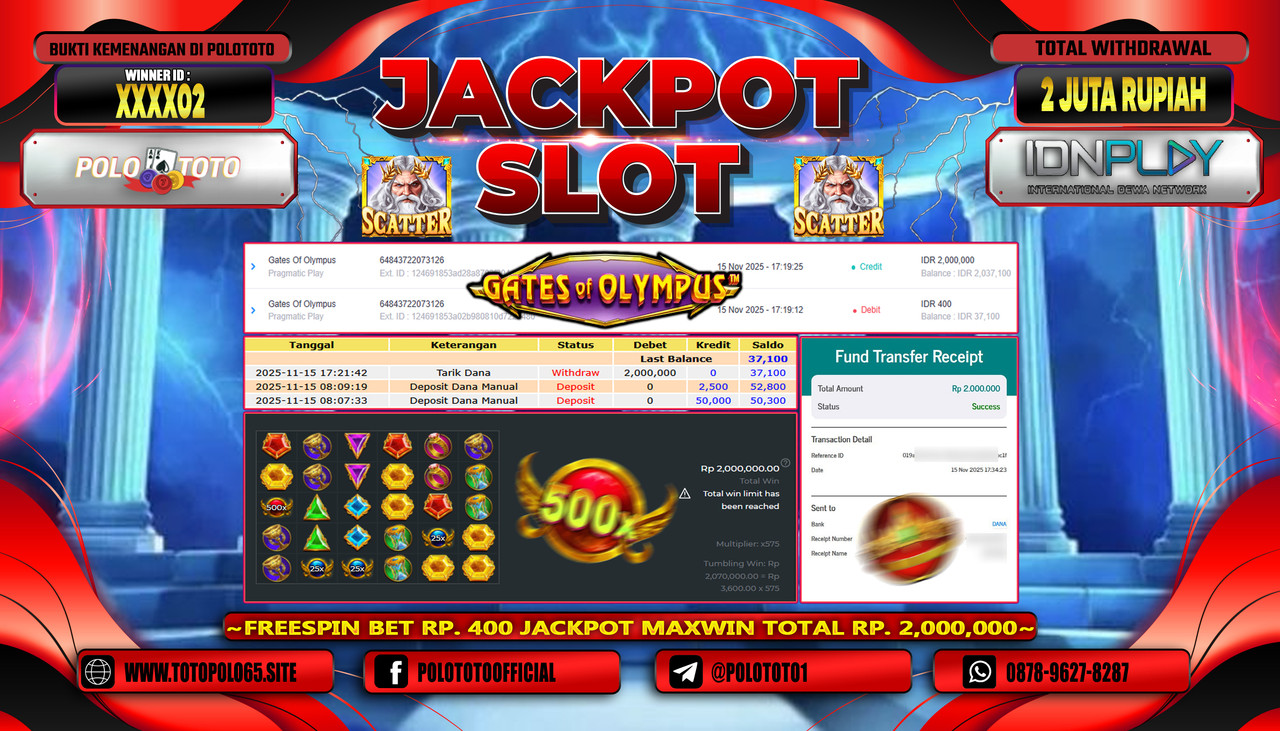 POLOTOTO JACKPOT SLOT GATES OF OLYMPUS Rp.2.000.000,- LUNAS