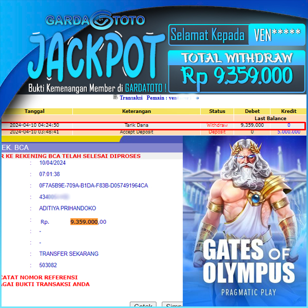 JACKPOT SLOT MAIN DI SLOT GATES OF OLYMPUS  WD Rp 9.359.000,- DIBAYAR LUNAS GARDATOTO MANTAP !