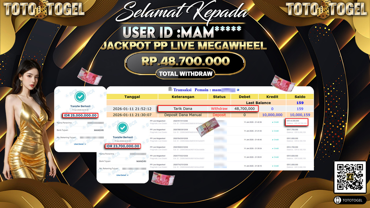 Bukti Pembayaran Jackpot Permainan Pragmatic Live PP Live Megawheel ID:MAM*****LUNAS