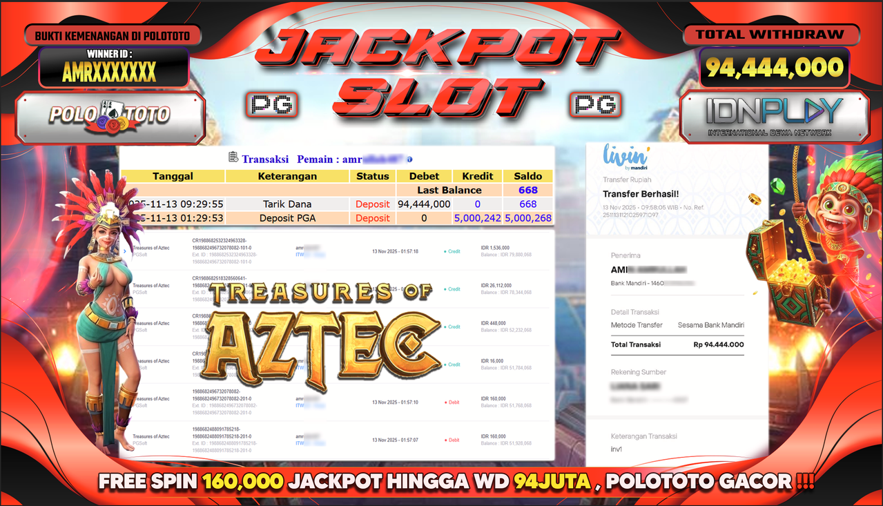 POLOTOTO JACKPOT SLOT TREASURES OF AZTEC Rp.94.444.000,- LUNAS