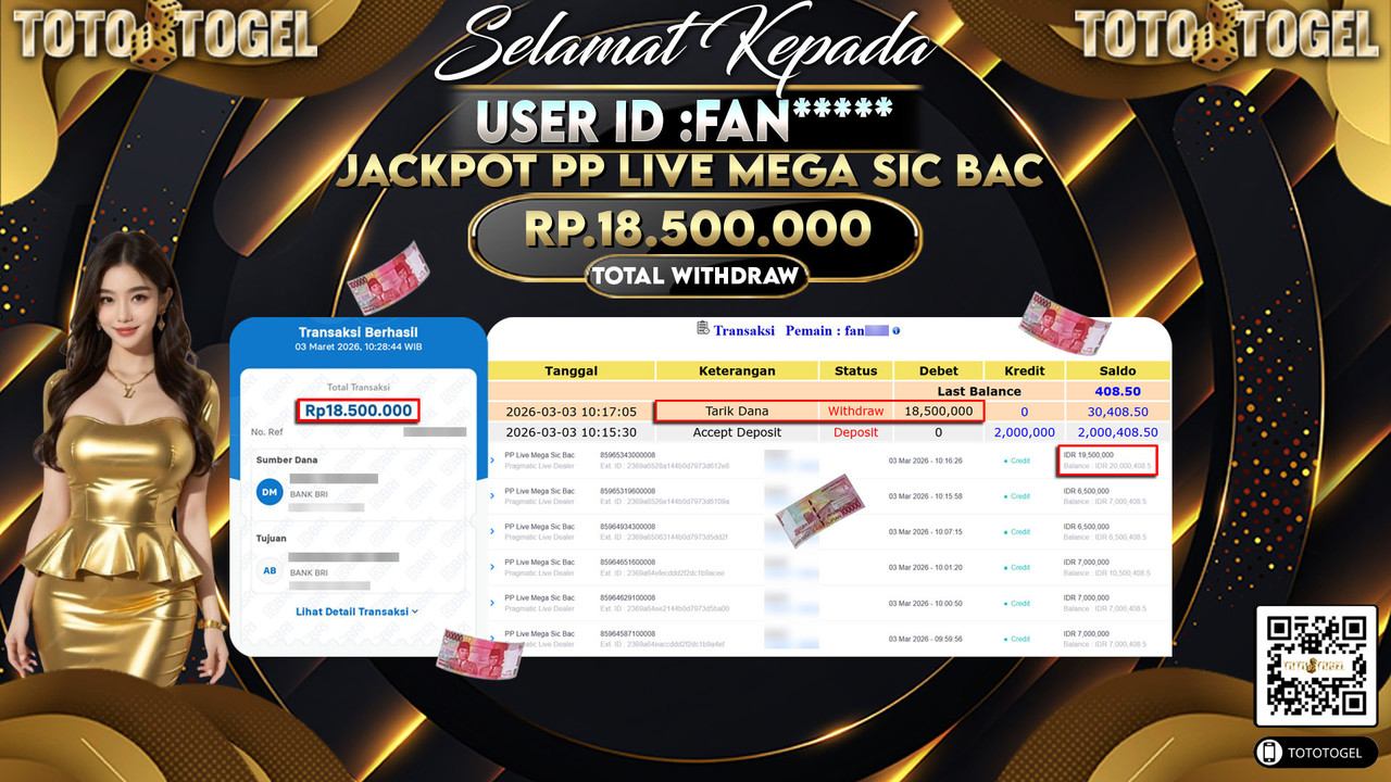 Bukti Pembayaran Jackpot Permainan Pragmatic Live PP Live Mega Sic Bac ID:FAN*****LUNAS