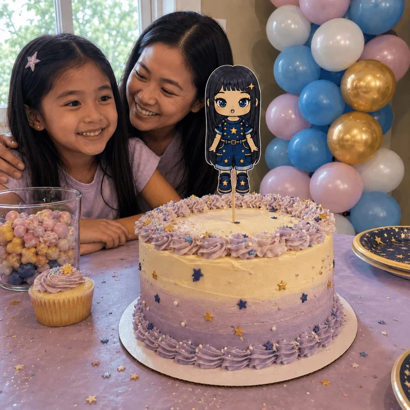 Topo de bolo de festa com boneca de papel