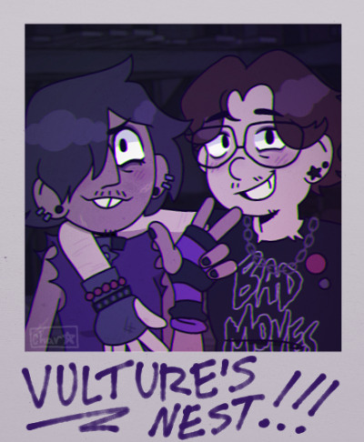 1 of 2. A digital drawing of David from Craig of The Creek and the Webmaster's self-insert. Both of them are smiling, bathed in purple light. David is wearing his Dark Emperor David outfit, holding up a peace sign, and Charlie has an arm hanging over his shoulder. The picture is in a Polaroid frame labeled: Vulture's Nest!!