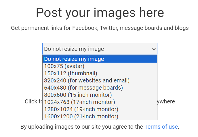 A screenshot of Postimages upload resize options.