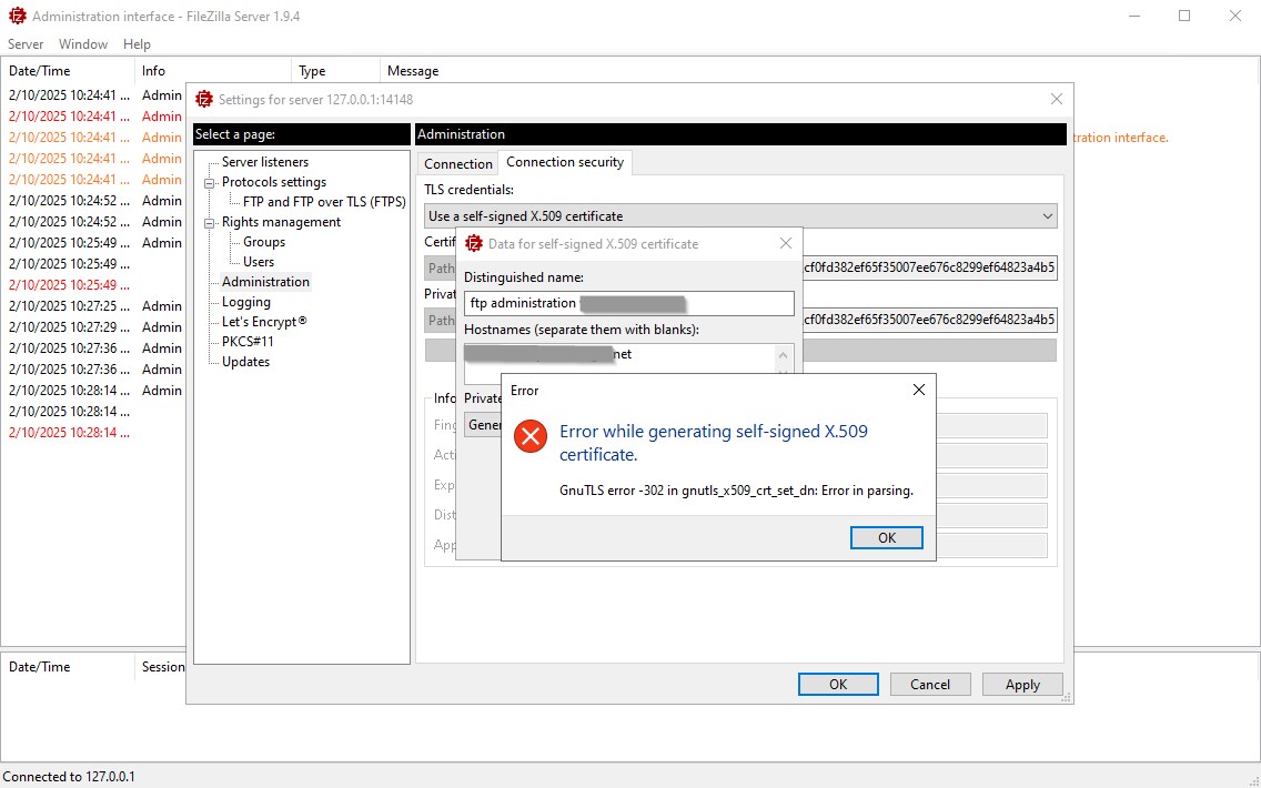 Error whire renewing the TLS or admin Certificate - FileZilla Forums