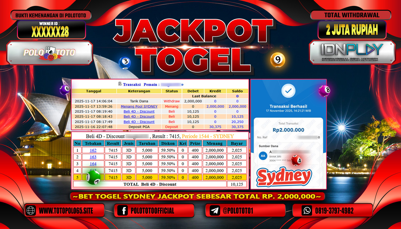 POLOTOTO JACKPOT TOGEL MENANG POOL SYDNEY Rp.2.000.000,- LUNAS