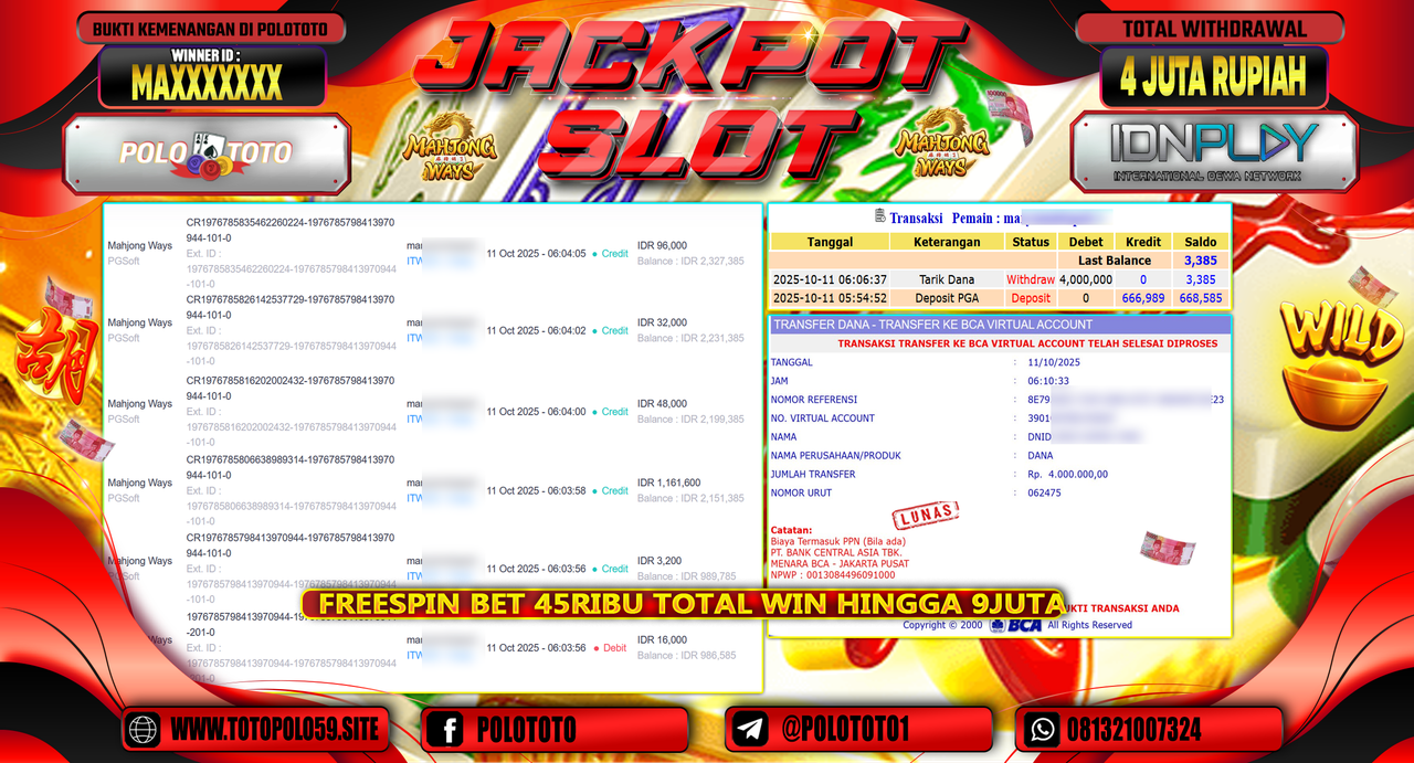 POLOTOTO JACKPOT SLOT MAHJONG WAYS Rp.4.000.000,- LUNAS