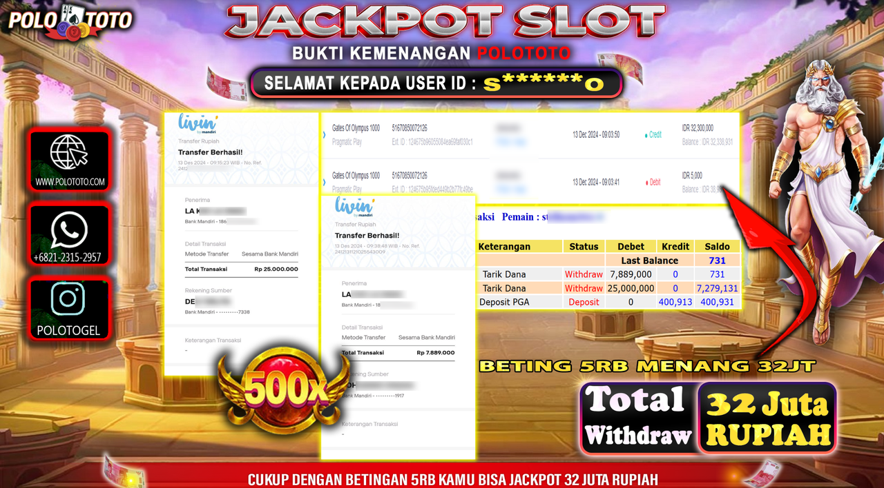 POLOTOTO JACKPOT SLOT GATES OF OLYMPUS Rp.32,889.000,-