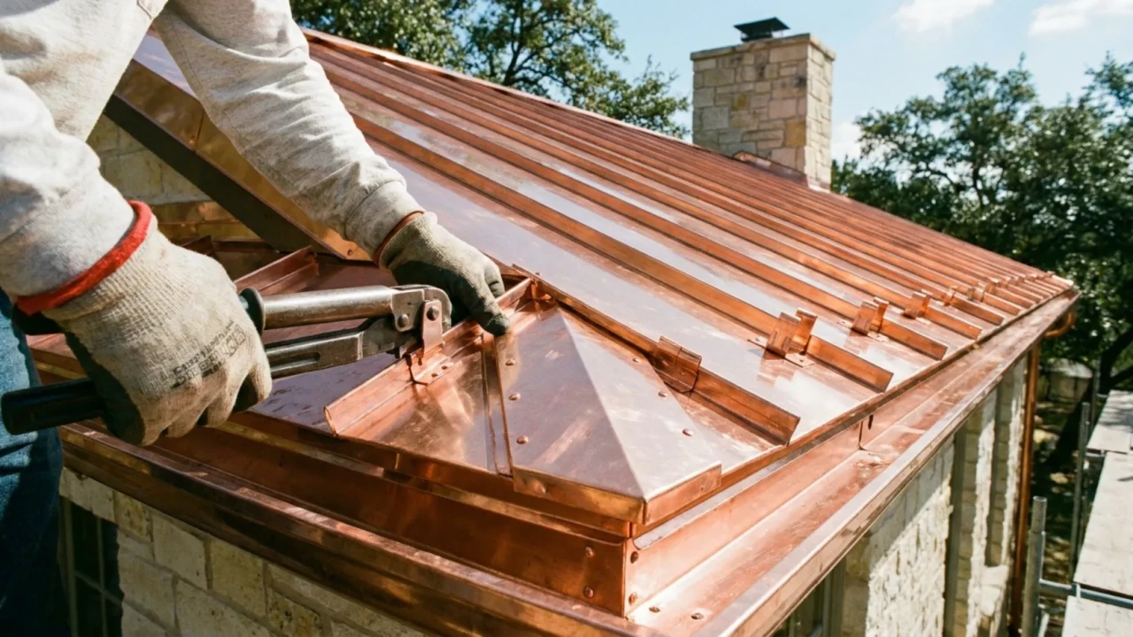 Copper standing seam roof panels being installed on a San Antonio residential home showing the interlocking seam profile and panel alignment