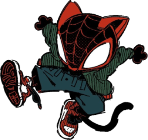 a drawing made by gambeque. it shows meows morales mid air doing a kick with his right leg, chest scrunched in and arms splayed out. he's in his spiderman outfit with his jacket, shorts, and jordans on. the artstyle is sketchy and chibi-like with hatching on the jacket and shoes. the image is cropped and resized to be smaller.