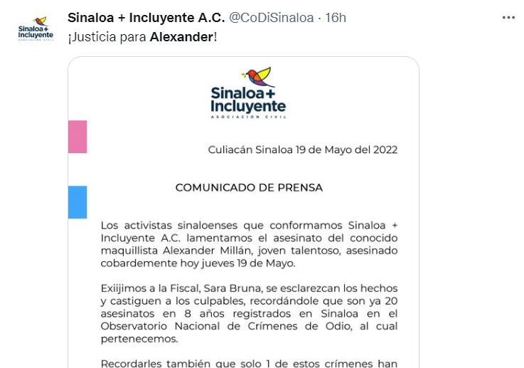 Asesinan a Alexander Millán, señalan que se puede tratar de un crimen de odio