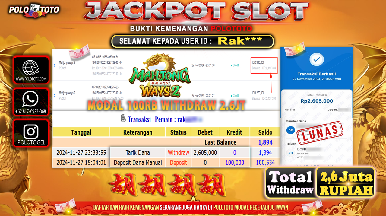POLOTOTO JACKPOT SLOT MAHJONG WAYS 2 Rp.2,600.000,-