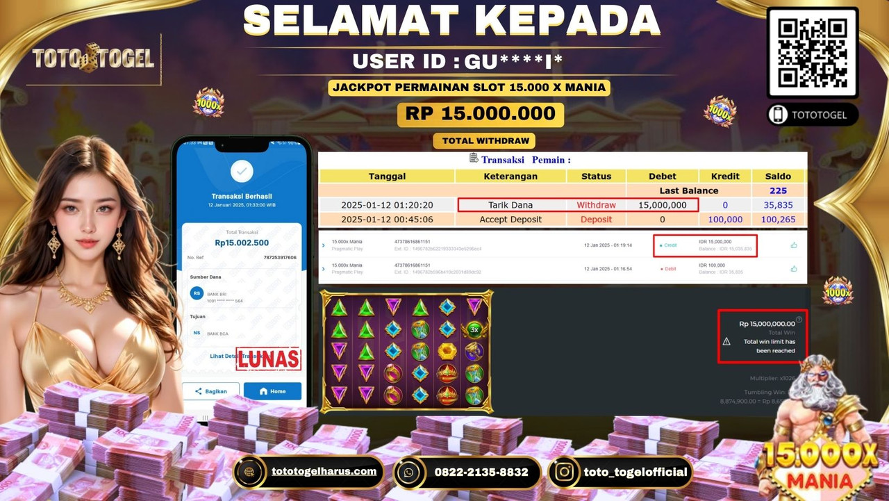 Bukti Pembayaran Jackpot  Permainan Slot 15.000 X Mania  :GU****I*  LUNAS