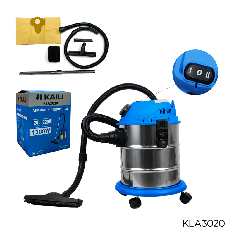 ASPIRADORA 1200W CON TANQUE DE ACERO INOXIDABLE 20 LITROS KAILI