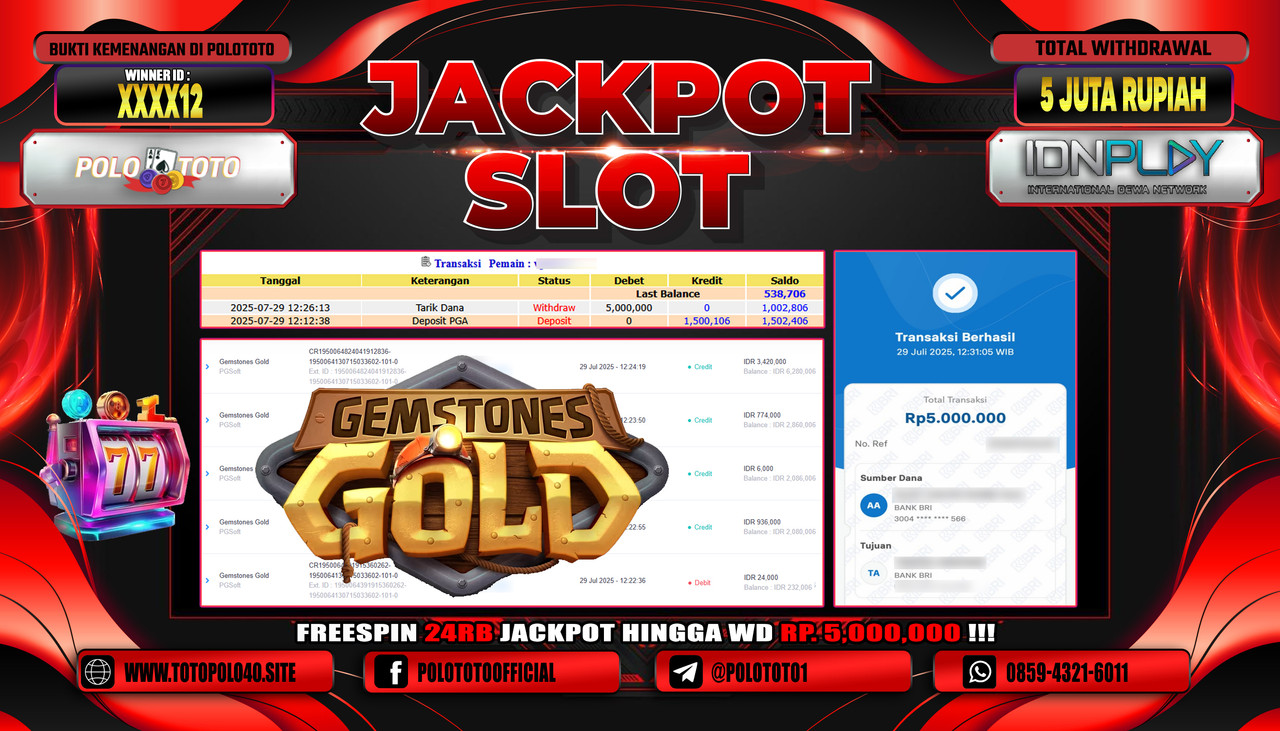 POLOTOTO JACKPOT SLOT GEMSTONES GOLD Rp.5.000.000,- LUNAS