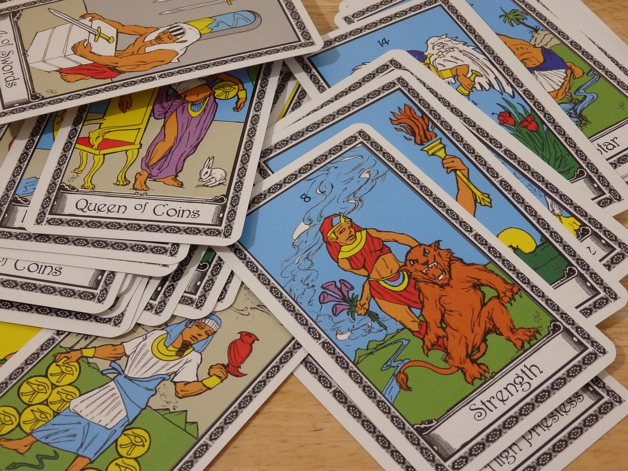Tarot cards spread on a surface
