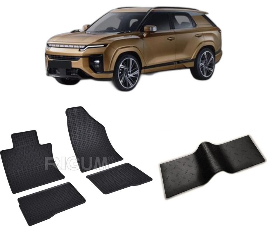 Set covorase auto KGM ACTYON din 2025-PREZENT, cu covoras tunel median, CAROSERIE SUV, Presuri cauciuc 100%, compatibil cu autoturismul KGM ACTYON, Rigum
