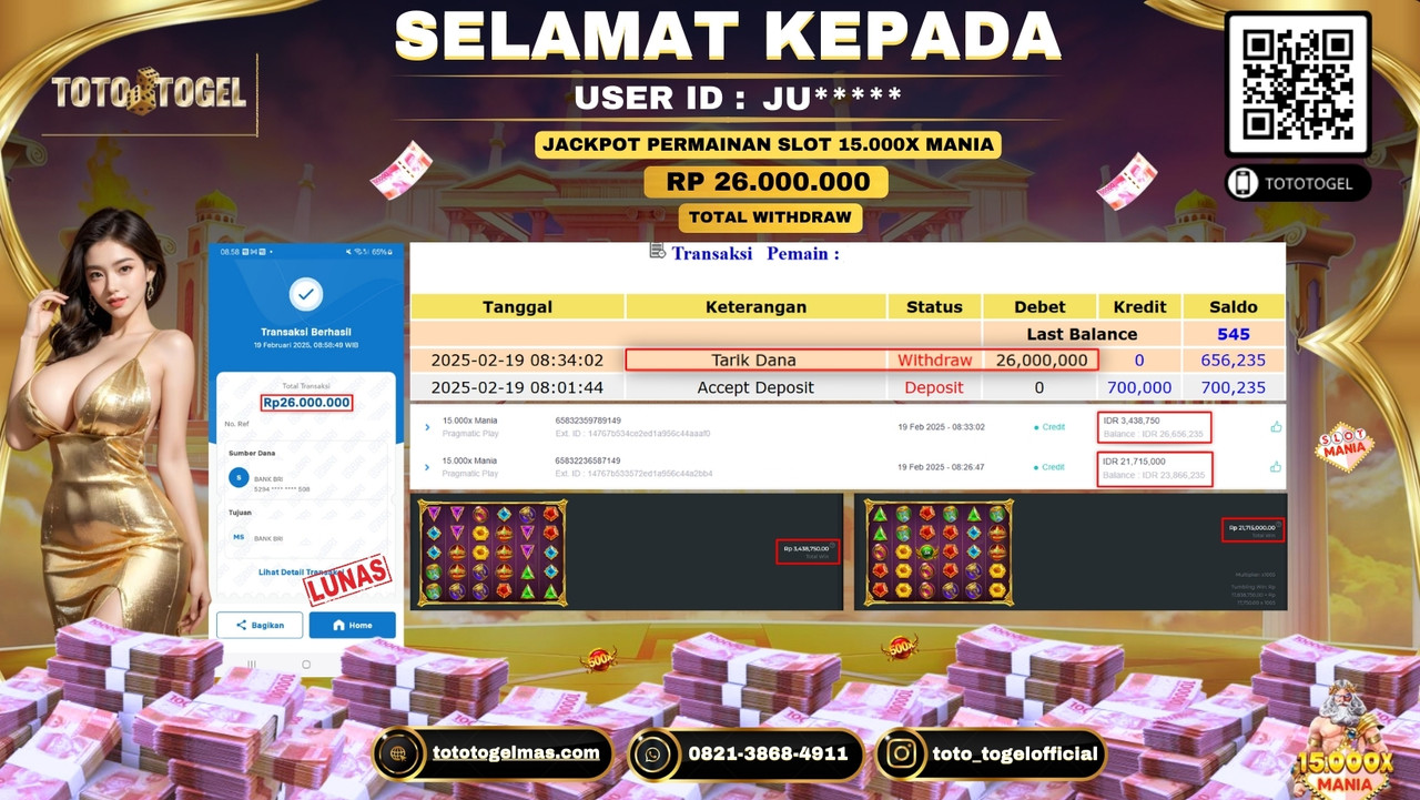 Bukti Pembayaran Jackpot  Permainan Slot 15.000X Mania  ID:JU**** LUNAS