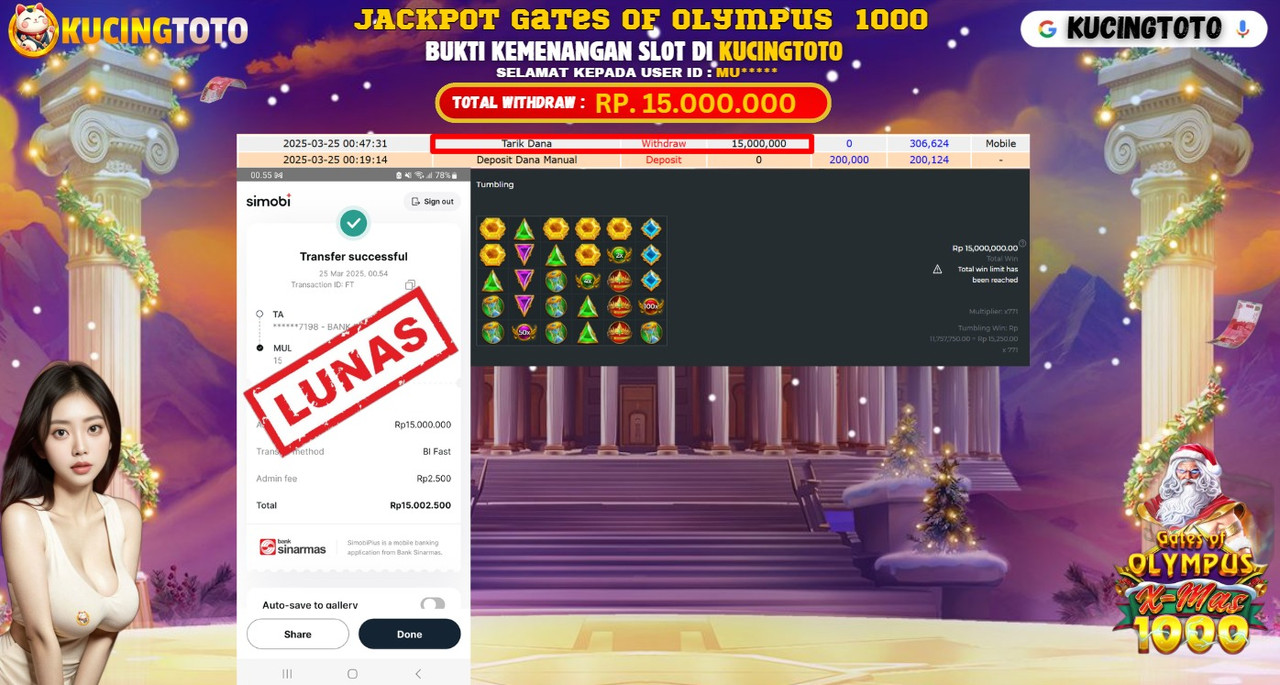 KUCINGTOTO JACKPOT SLOT Gates Of Olympus 1000 RP.15.000.000.,- LUNAS