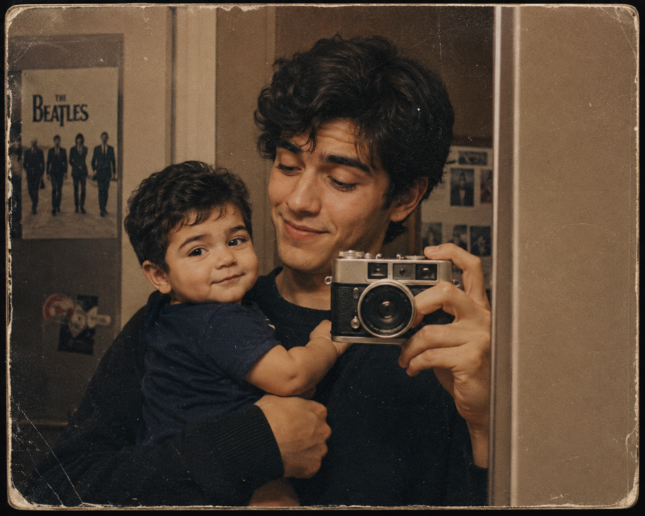 Ảnh selfie phong cách retro ôm phiên bản trẻ nhỏ của chính bạn