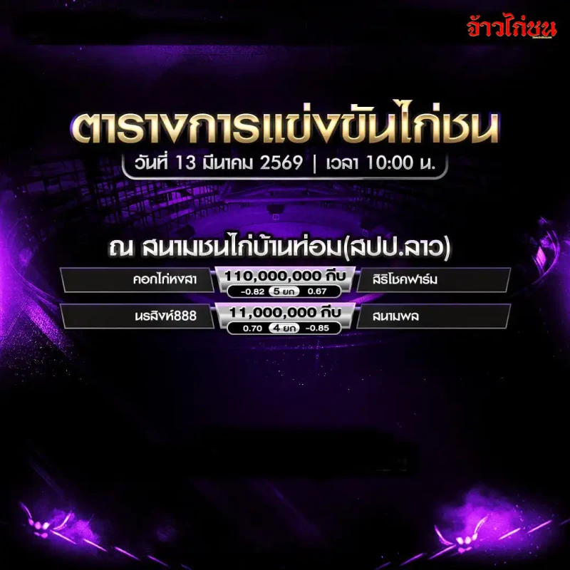 โปรแกรมไก่ชน สนามชนไก่บ้านท่อม สปป.ลาว วันศุกร์ที่ 13 มีนาคม 2569 รูปหลักหน้าโปรแกรม
