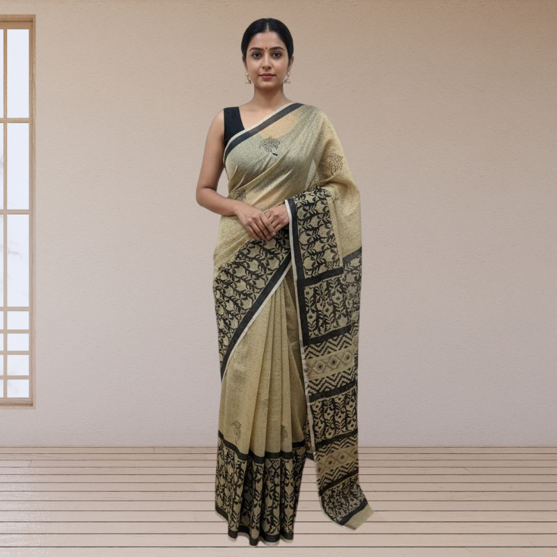 Handblock Printed Chanderi Silk Saree | Lightweight Sheer Silk with Traditional Indian Motifs | Festive & Elegant Wear