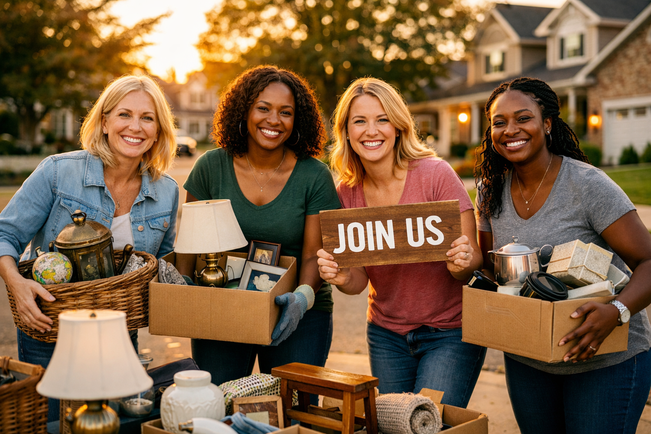 Smiling women holding Join Us sign while picking up trash on the street