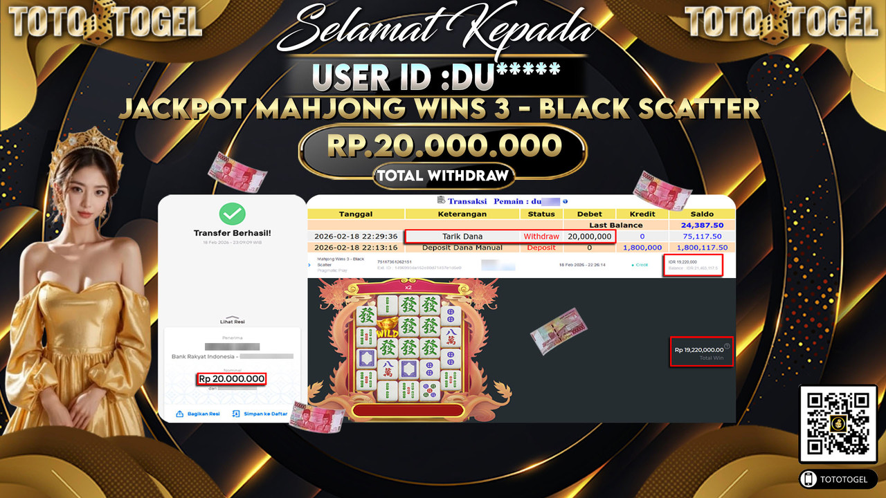 Bukti Pembayaran Jackpot Permainan Slot Mahjong Wins 3 - Black Scatter ID:DU*****LUNAS