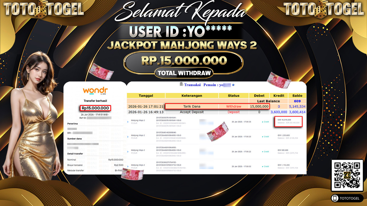 Bukti Pembayaran Jackpot Permainan Slot Mahjong Ways 2 ID:YO*****LUNAS