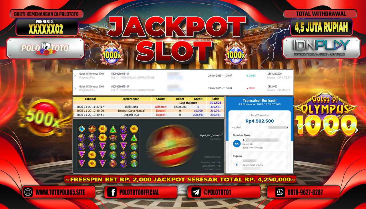 POLOTOTO JACKPOT SLOT GATES OF OLYMPUS 1000 Rp.4.500.000,- LUNAS