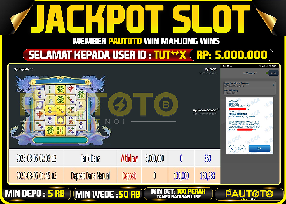 BUKTI PEMBAYARAN TGL 4 AGUSTUS2025 MENANG DI PERMAINAN MAHJONG WINS TOTAL WD 5 JUTA