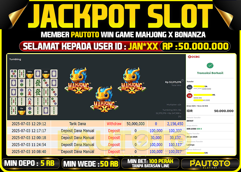 BUKTI PEMBAYARAN TGL 3 JULY 2025 MENANG DI PERMAINAN MAHJONG BONANZA TOTAL WD 50 JUTA