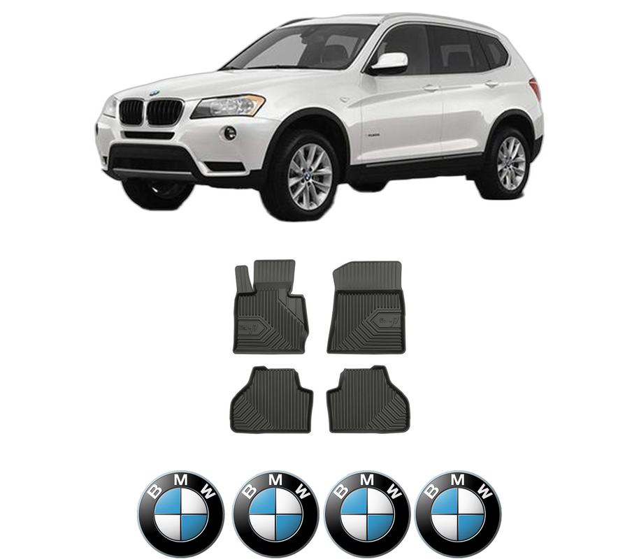 Set covorase presuri BMW Seria X3 (F25) din 2010-2017, auto, din cauciuc thermoplastic, 4 Stickere auto cu BMW Seria